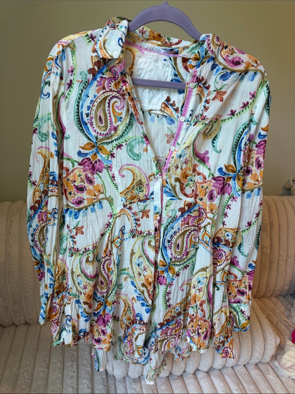 Cino Colorful Paisley Flowing Button Up Midi Dress or Tunic Pink Ribbon Detail